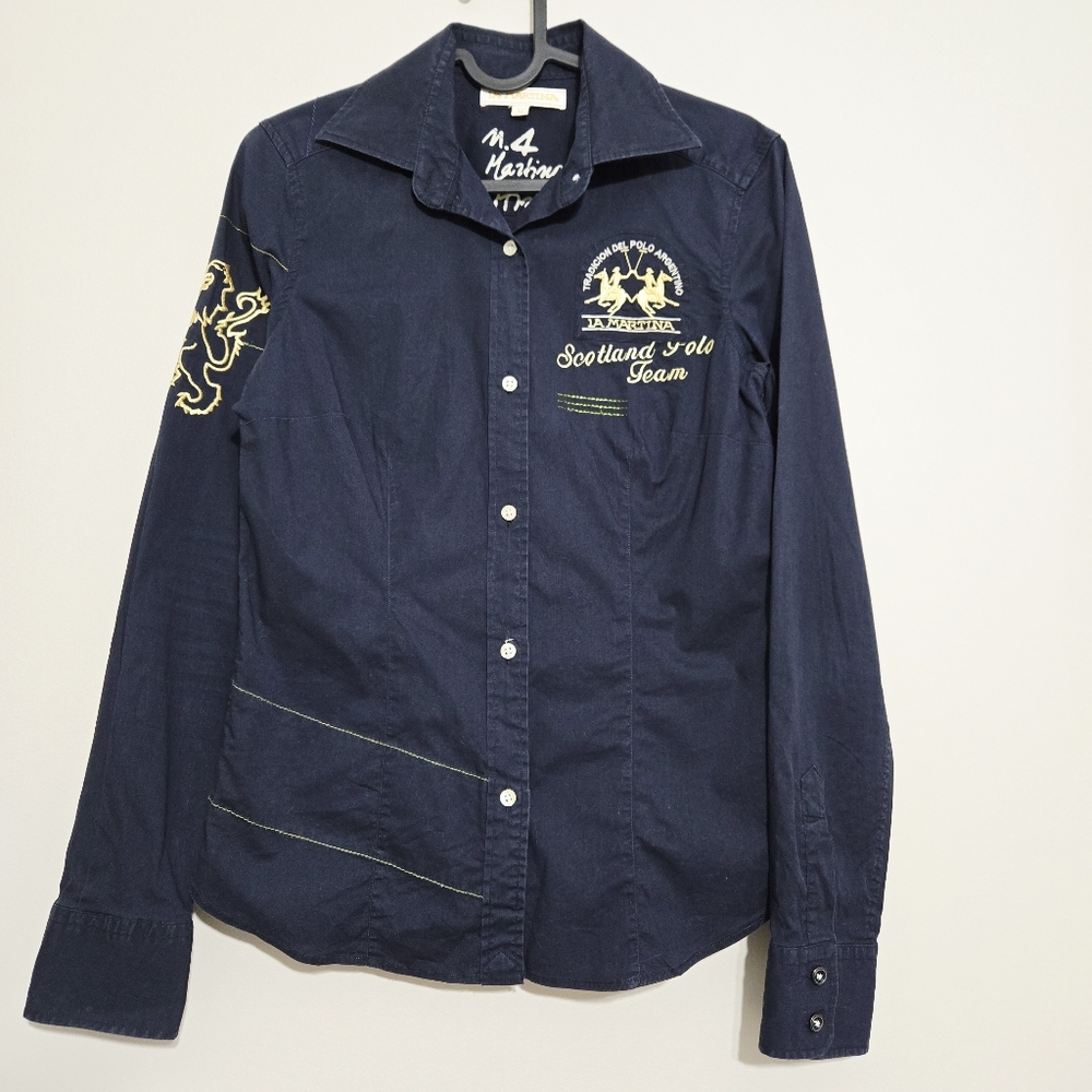 La Martina Scotland Polo Team Shirt Womens Medium Navy Button Up Embroidered M